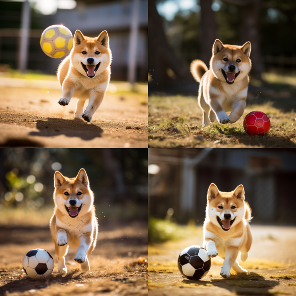 「cute shibainu, play the ball」で生成したMidjournyのシバ犬画像